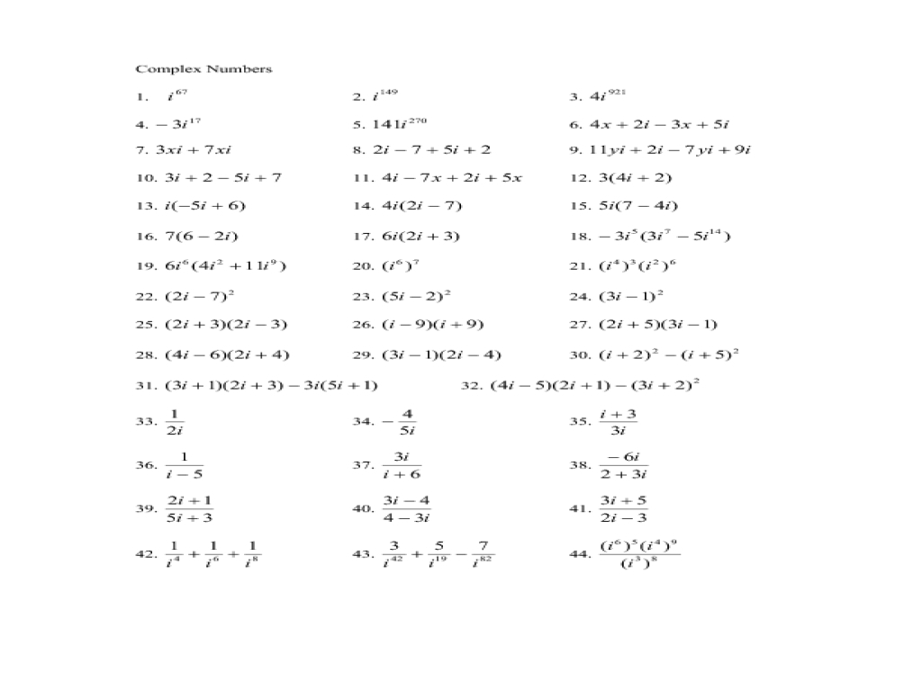 Adding And Subtracting Complex Numbers Worksheet Kuta