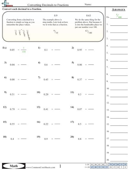 Converting Decimals To Fractions Worksheets 8th Grade Fractions 