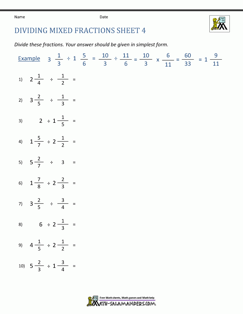 Dividing Mixed Fractions Worksheet