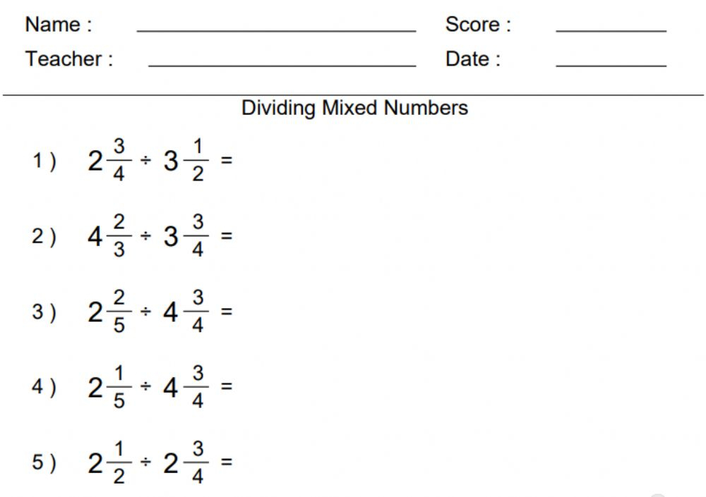 Dividing Mixed Numbers Worksheet