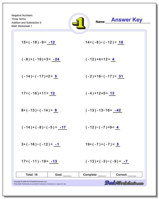 Https www dadsworksheets Negative Numbers Three Terms Addition 