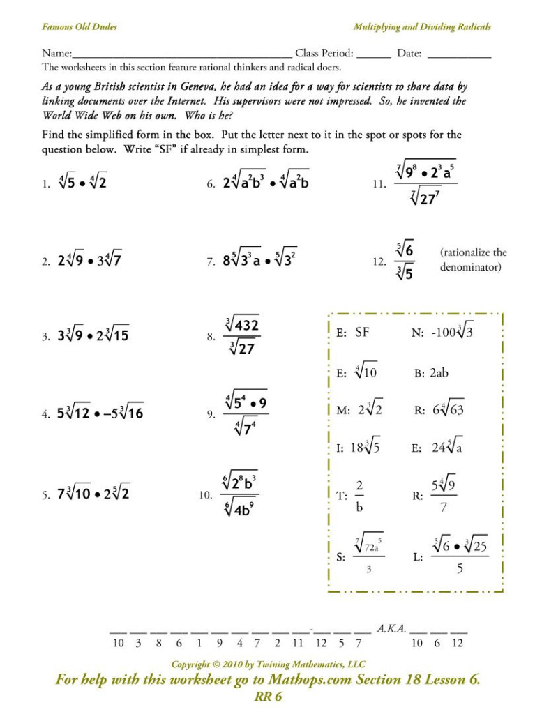 Multiplication Of Radicals Worksheet Answers Worksheets Free Download