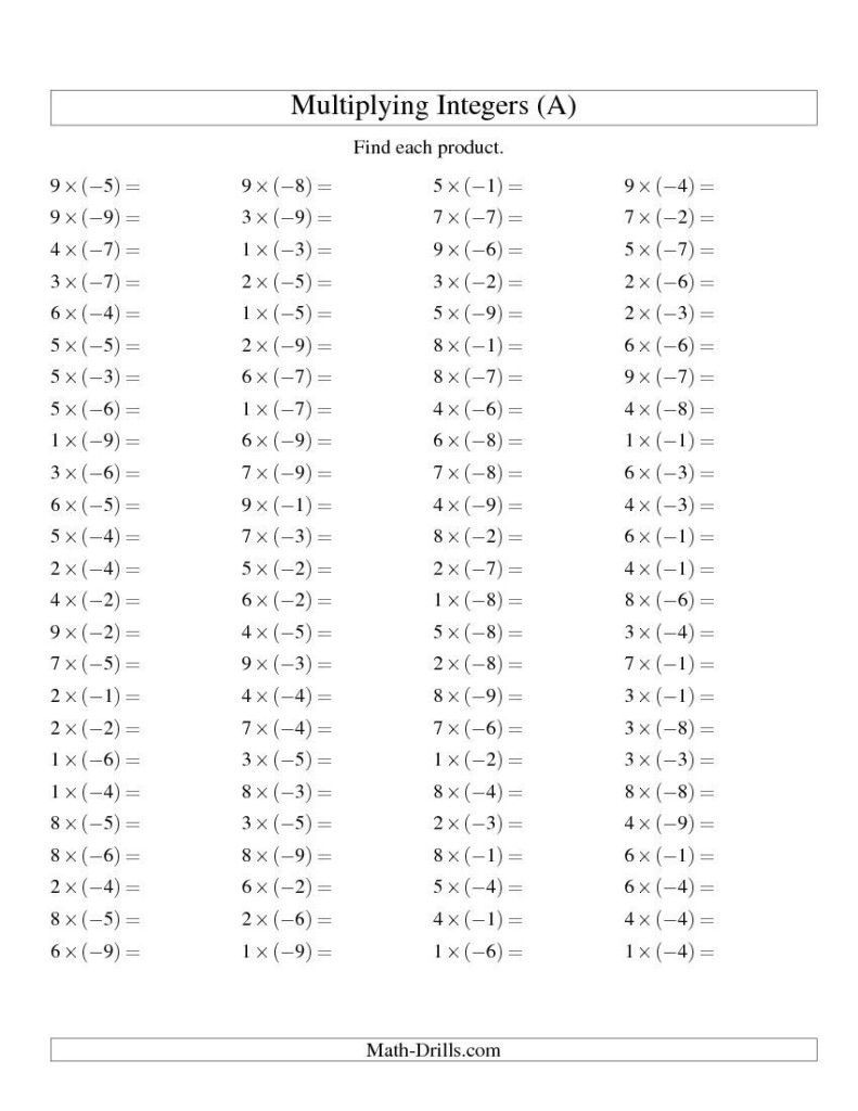 Multiplying Integers Positive Multiplied By A Negative Range 9 To 