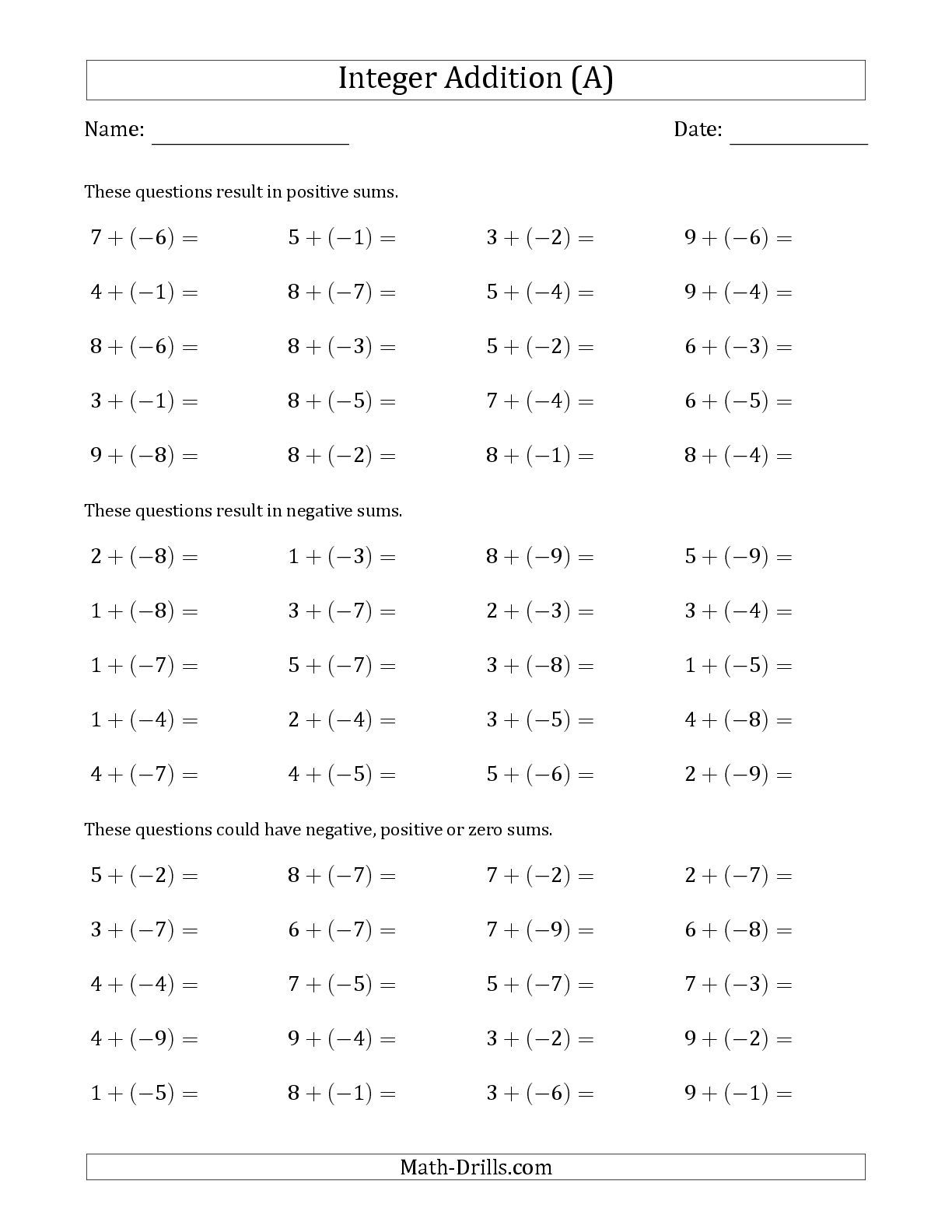 6th Grade Math Negative And Positive Numbers Worksheets 2023 ...