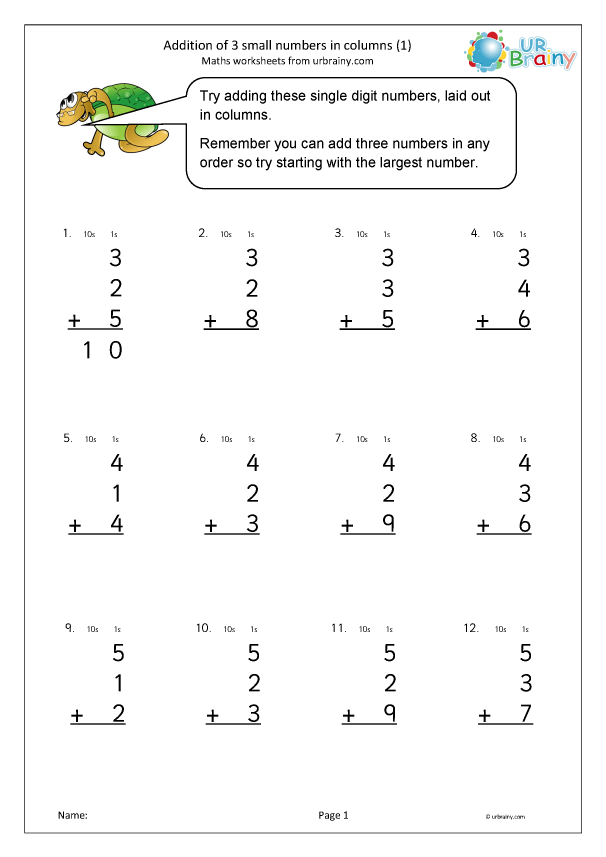 Addition Of 3 Small Numbers In Columns 1 Addition Year 2 aged 6 7 