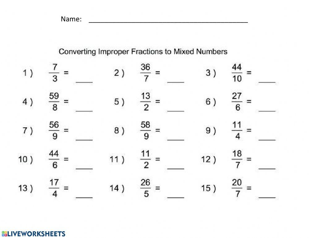 Changing Improper Fractions To Mixed Numbers Worksheet In 2021