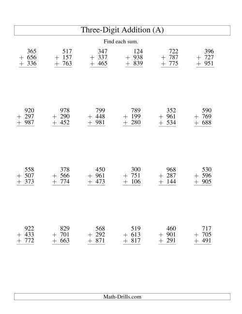 Column Addition Three Three Digit Numbers A 