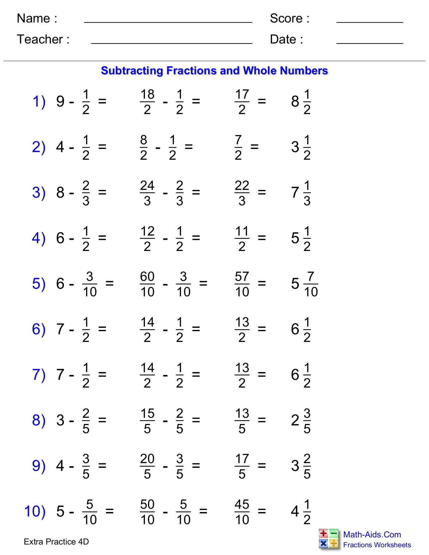 Subtracting Fraction With Whole Numbers Worksheets 2024 ...