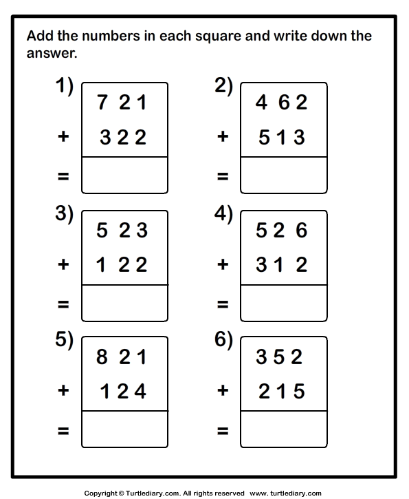Add Two Three Digit Numbers Worksheet Turtle Diary