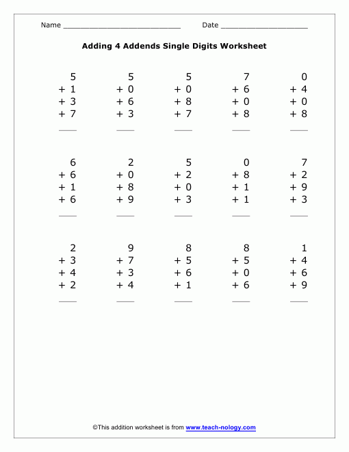 Adding 4 Addends That Are Single Digits