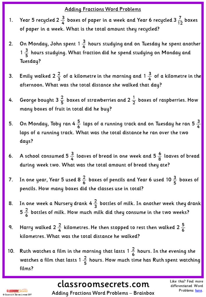 Adding And Subtracting Mixed Numbers With Like Denominators Word 