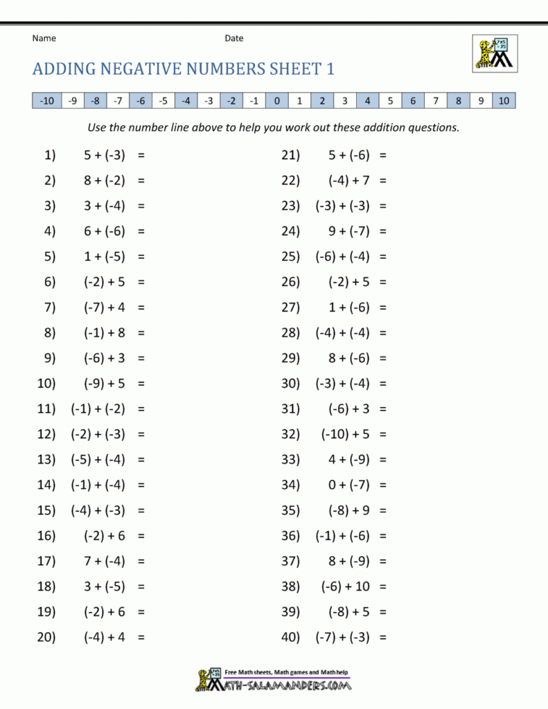 Adding Negative Numbers Worksheet God Link