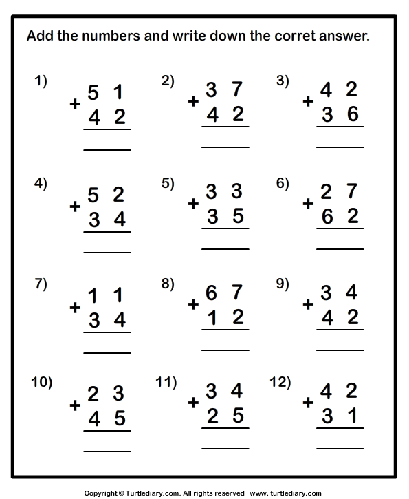 Adding Two Numbers Up To Two Digits Worksheet Turtle Diary