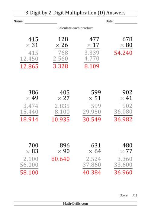 Multiplying 3 Digit By 2 Digit Numbers Large Print With Period 