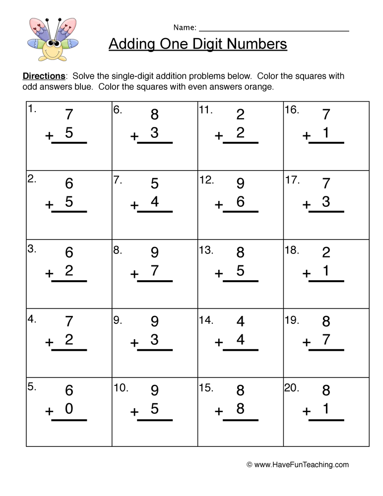Single Digit Addition Worksheet 2