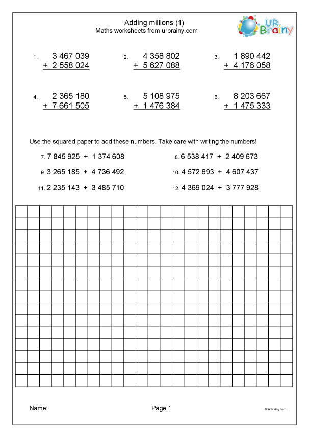 Adding Millions 1 Addition For Year 6 age 10 11 By URBrainy