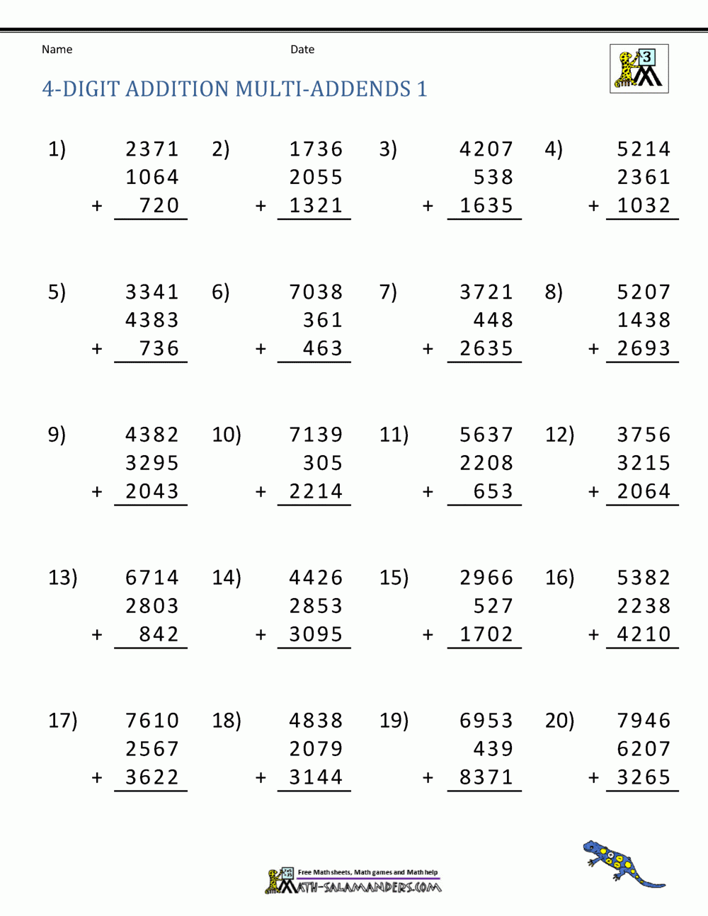 Addition 4 Digit Worksheets 3rd Grade