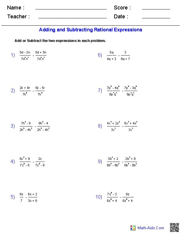 Algebra 1 Worksheets Rational Expressions Worksheets Simplifying 
