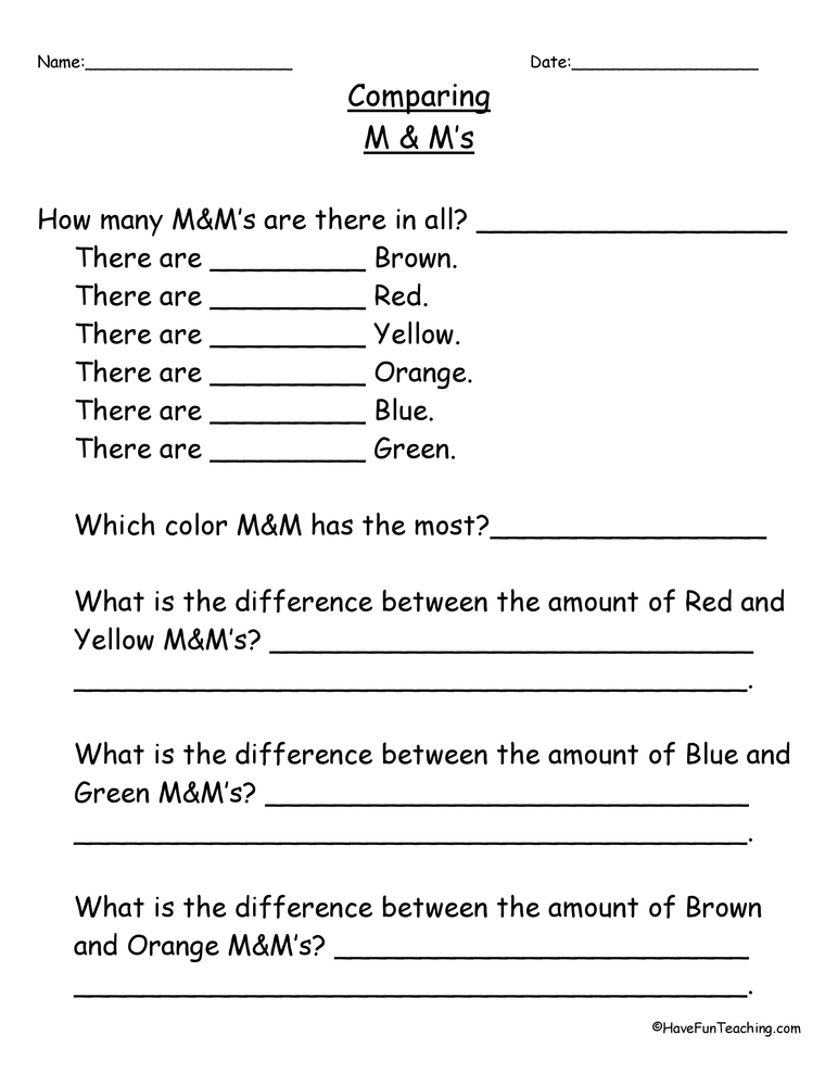 Comparing Numbers M M s Subtraction Worksheet Have Fun Teaching