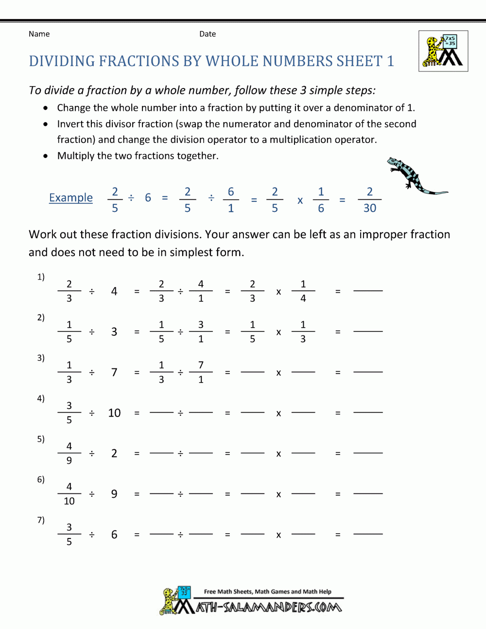 Dividing Fractions By Whole Numbers