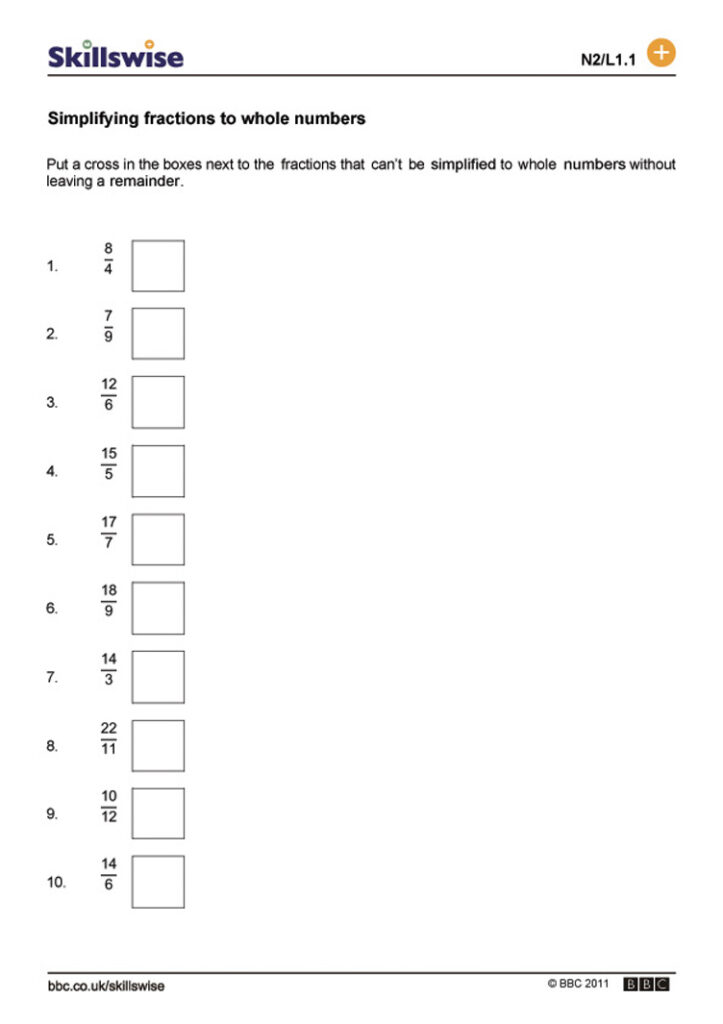 Simplifying Fractions To Whole Numbers