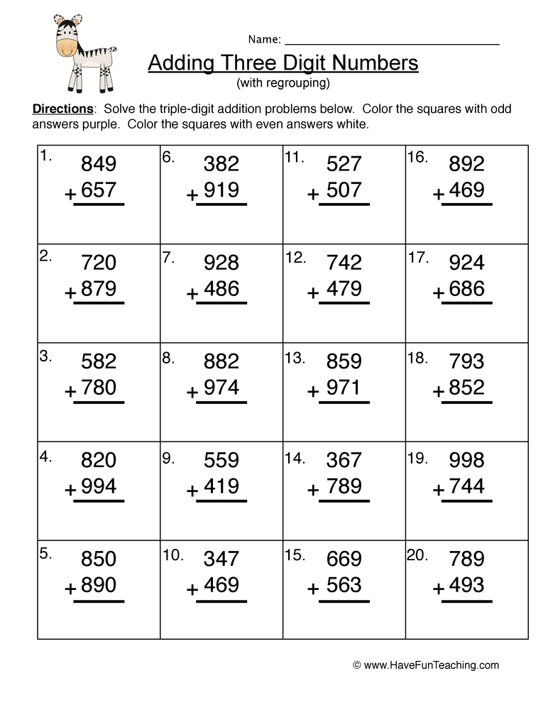 Triple Digit Addition Regroup Worksheet 3