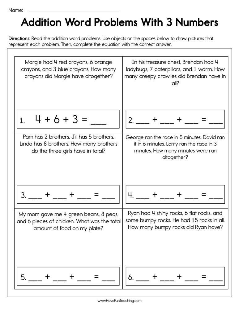 Addition Word Problems With 3 Numbers Worksheet Have Fun Teaching