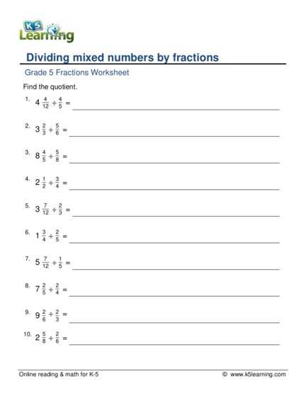 Dividing Fractions And Mixed Numbers Worksheet