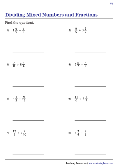 Dividing Mixed Numbers And Fractions Worksheets