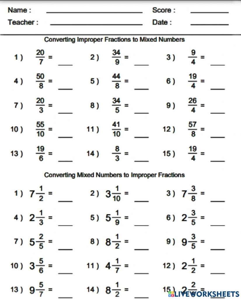 Ejercicio De Convert Mixed Number improper Fractions