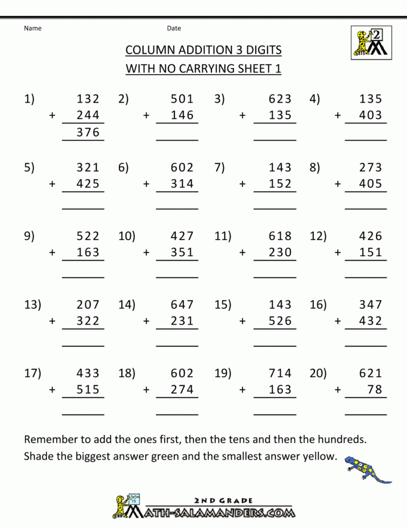 Free Printable Addition Worksheets 3 Digits