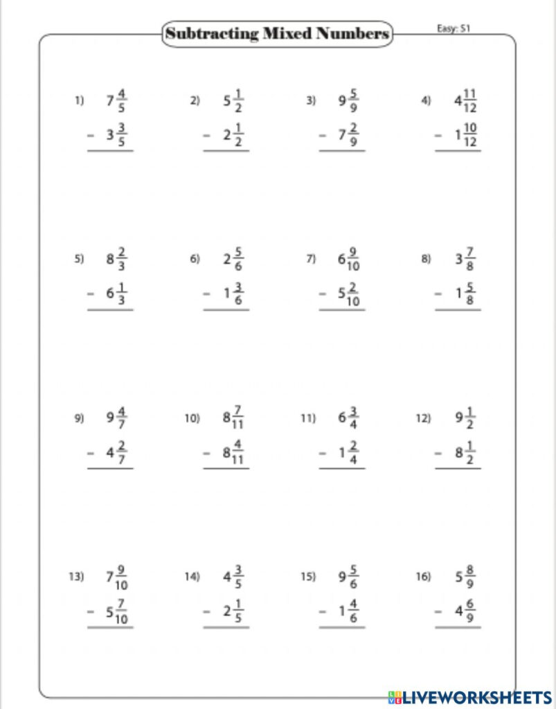 Grade 5 Worksheet Add Mixed Numbers Fractions Like Denominators K5 