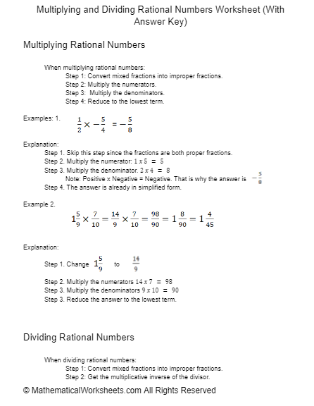 Multiplying And Dividing Rational Numbers Worksheet with Answer Key