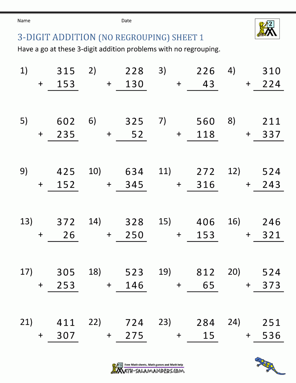 3 Digit Addition Worksheets