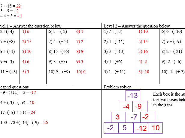 Adding And Subtracting Negative Numbers Worksheet Teaching Resources