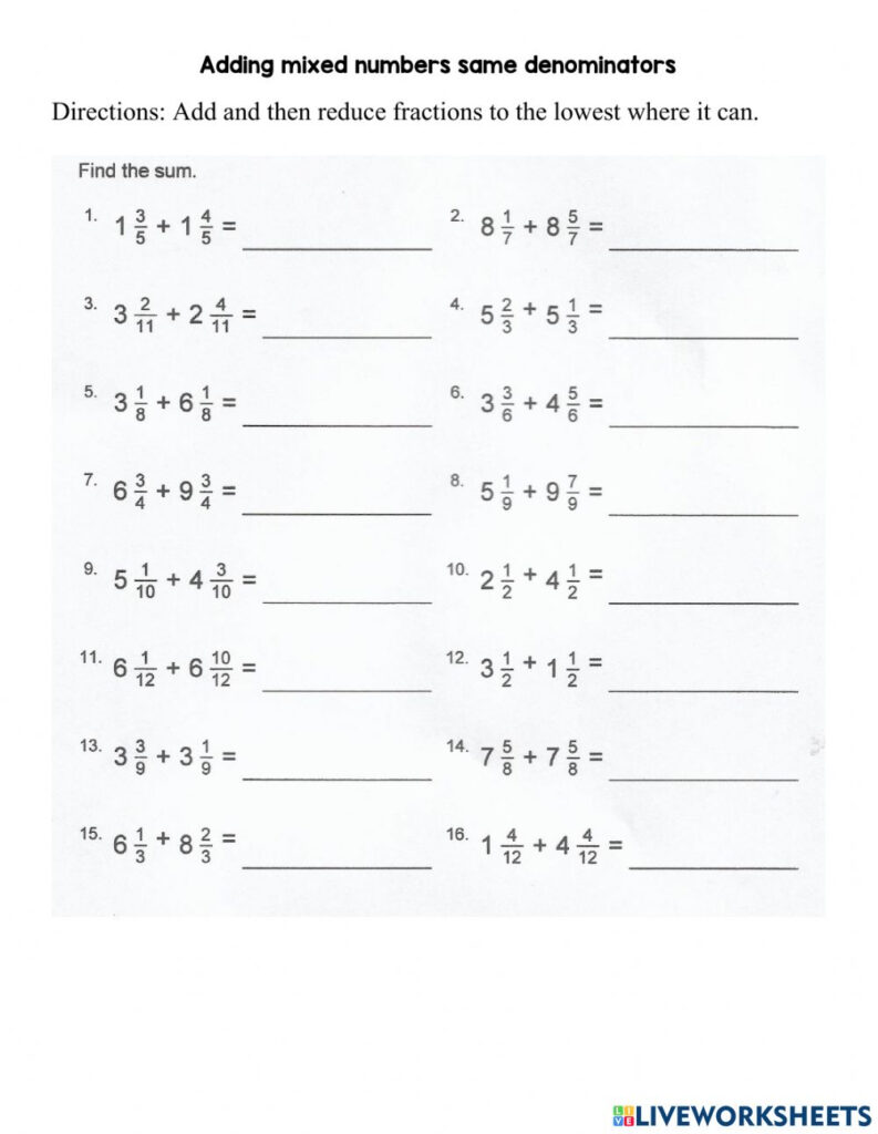 Adding Mixed Numbers Worksheet