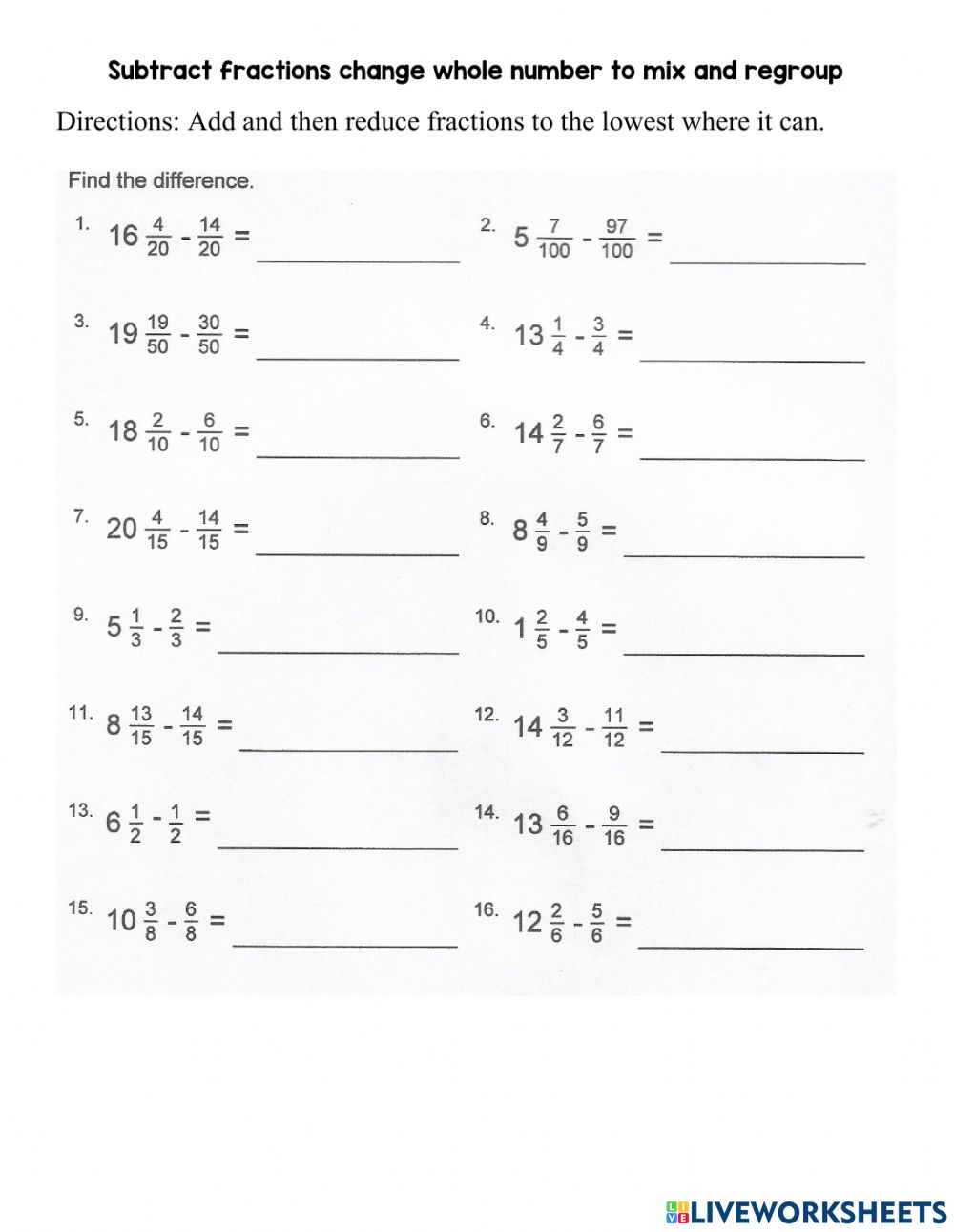 Ejercicio De Subtracting Mixed Numbers With Regrouping