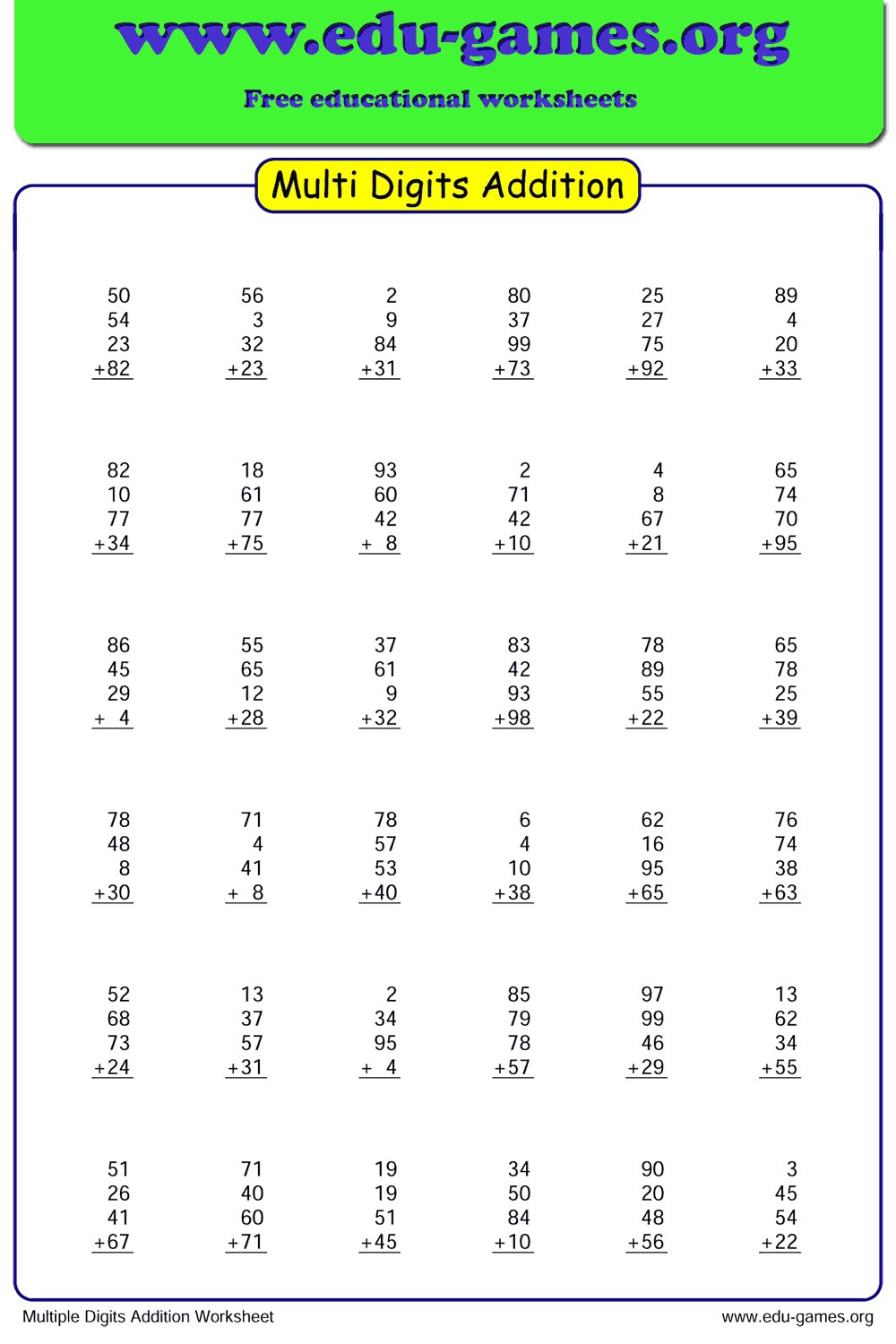 Free Multi Digits Addition Worksheets In Vertical Format You Can