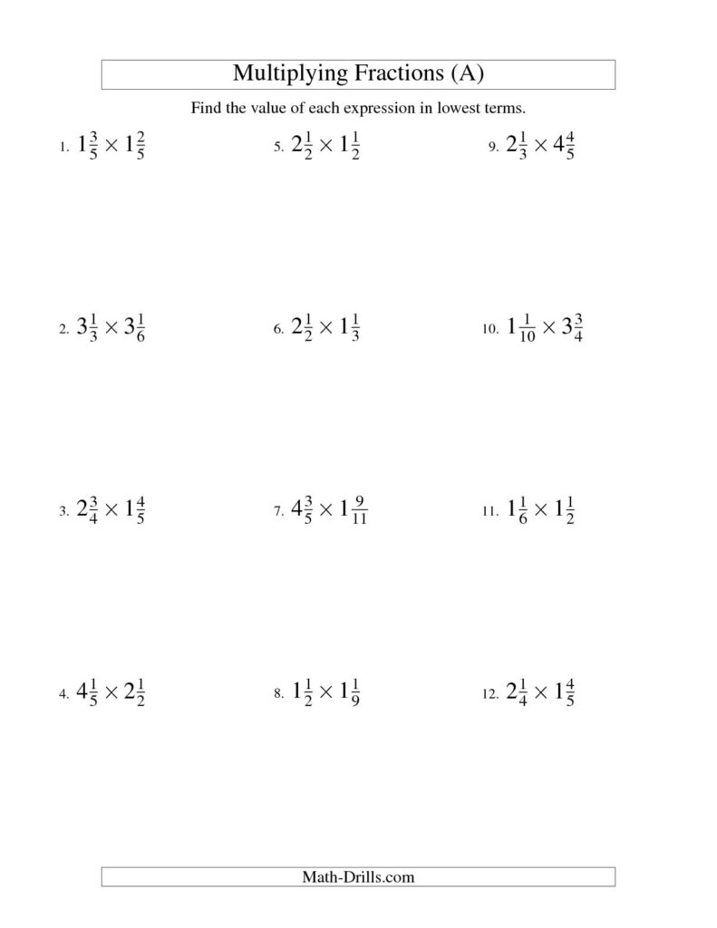 Multiplying Mixed Numbers Worksheets