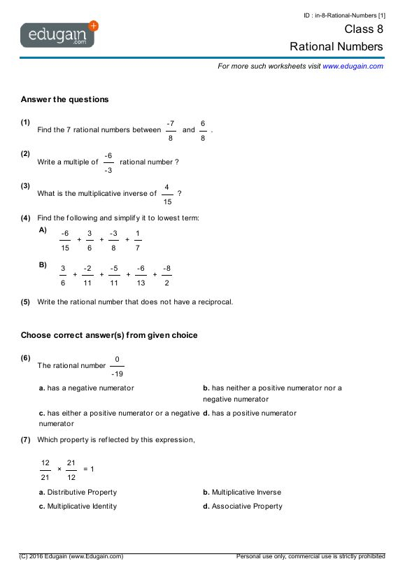 Rational Numbers Class 8 Worksheet With Answers Thekidsworksheet