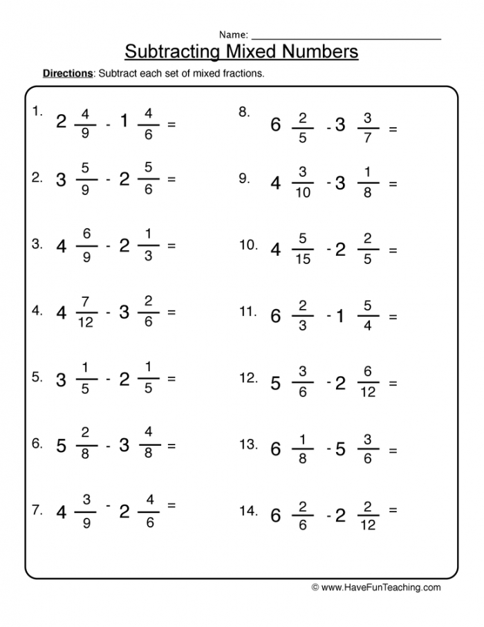 Adding And Subtracting Mixed Numbers Worksheets