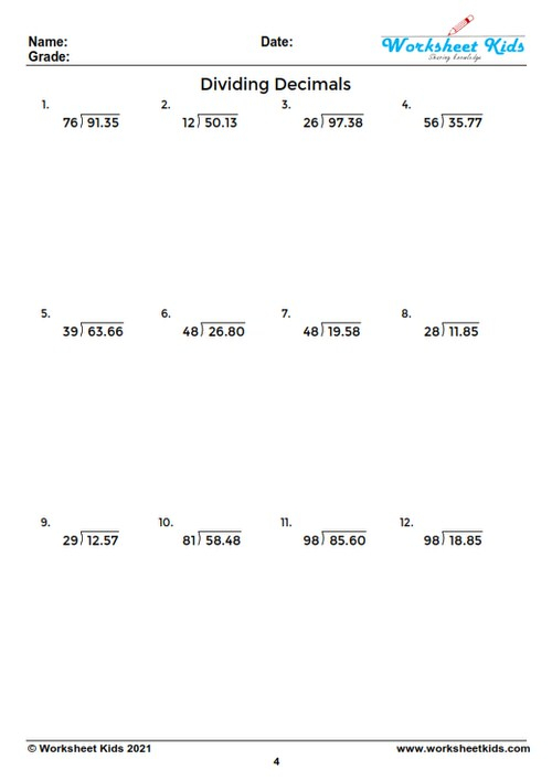 Dividing Decimals By 1 Digit Whole Numbers Worksheets Harry Carrol s 