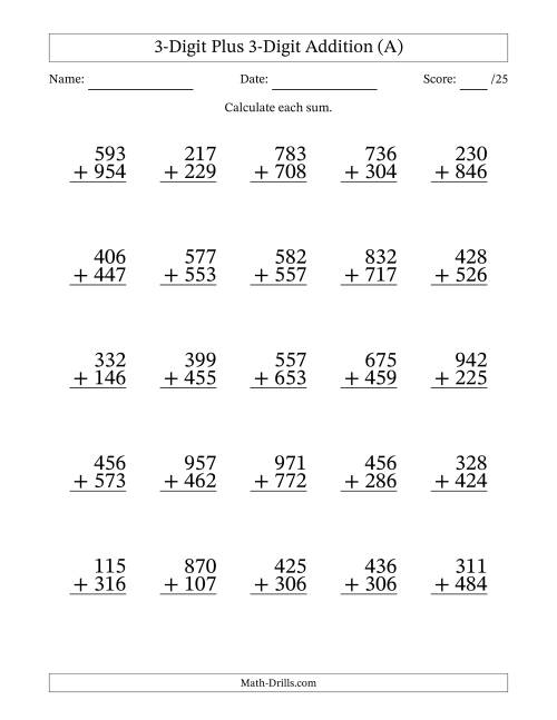 Grade 3 Math Worksheet Addition Adding 3 Digit Numbers In Columns With