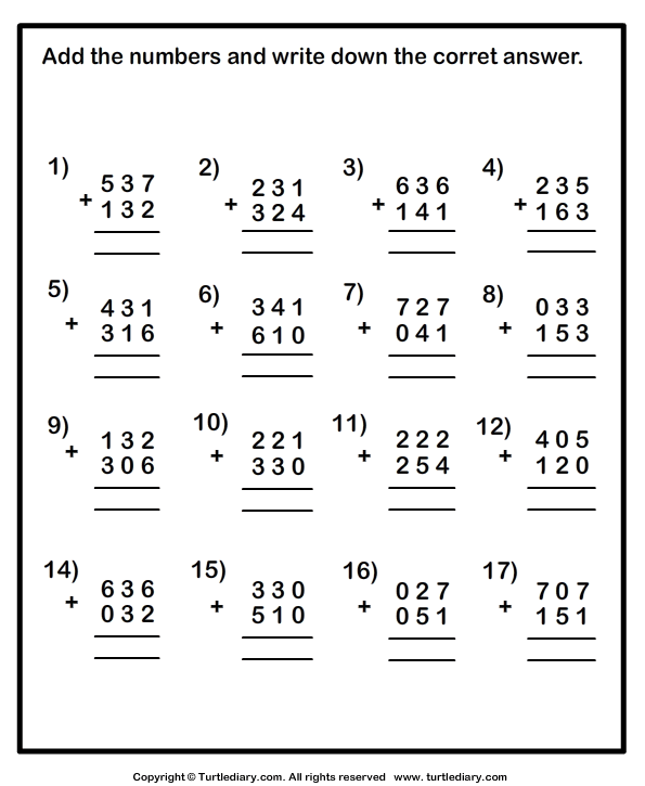 Math Worksheet Adding Three Digit Numbers Within One Thousand