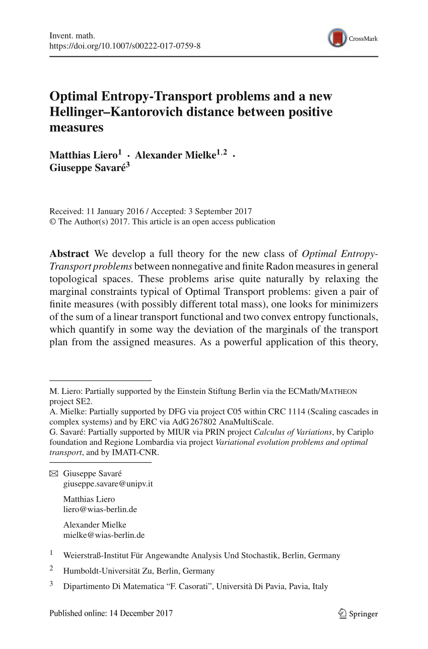  PDF Optimal Entropy Transport Problems And A New Hellinger 