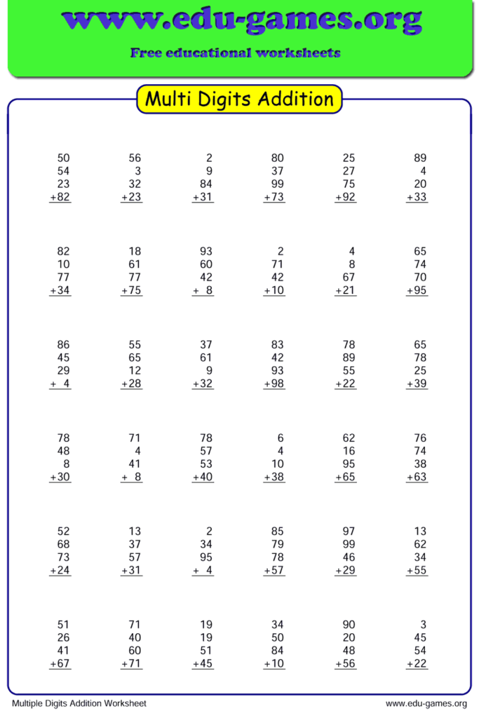 Adding Multi Digit Numbers Worksheet