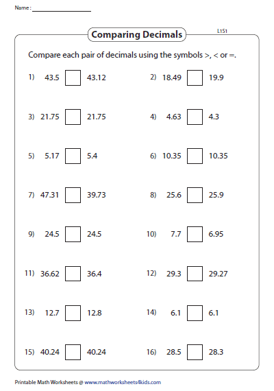 Comparing Decimal Worksheet