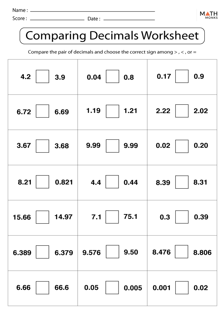 Comparing Decimals On A Number Line Worksheet