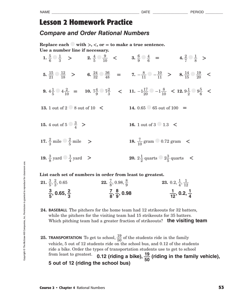 Comparing Rational Numbers Worksheet