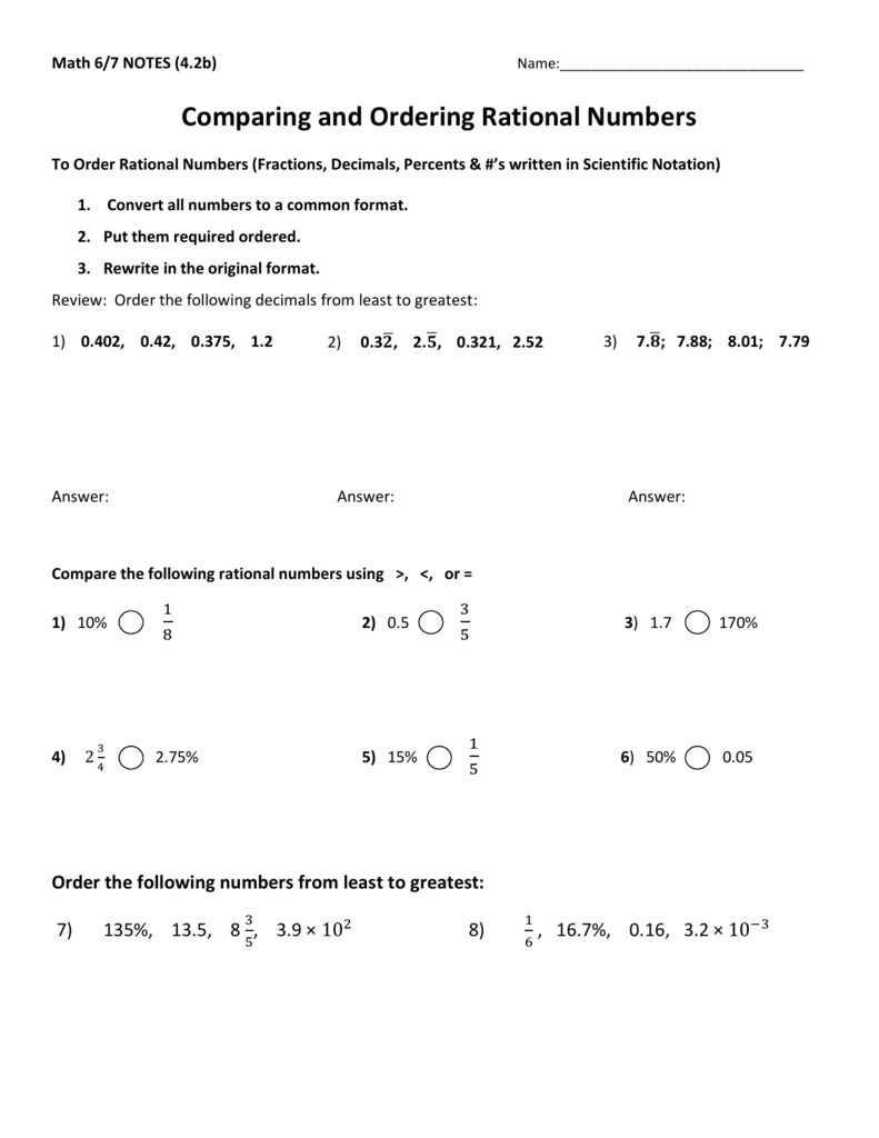 Comparing Rational Numbers Worksheet